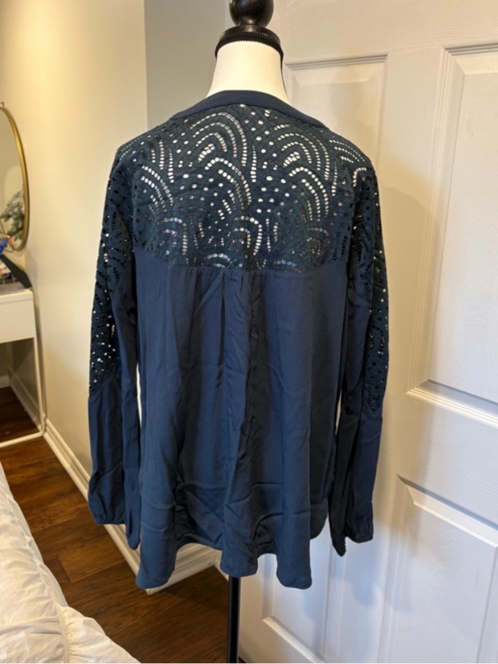 Gentle Fawn Lace Sleeve Blouse Slate Blue Button Front Top Size M
